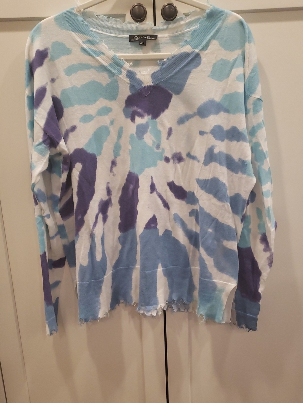CHARLIE B Blue, Light Blue & Purple Tie-Dye V-Neck Long Sleeve Top